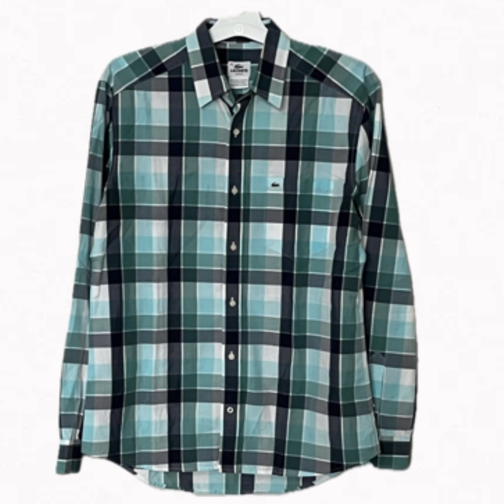 Lacoste Men’s Teal and Black Plaid Button Down Shirt Cotton Slim Fit Sz 40